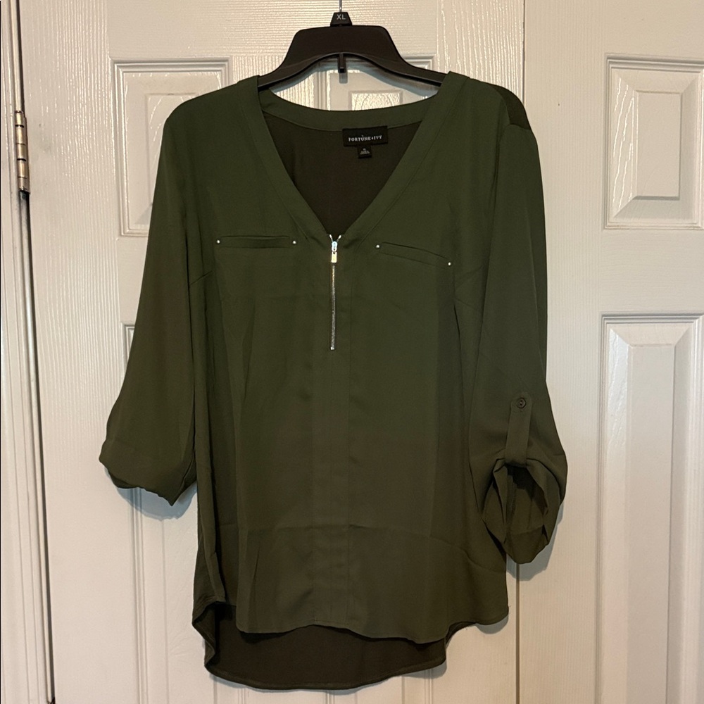 Fortune Ivy Olive Green Zip-Front V-Neck Blouse